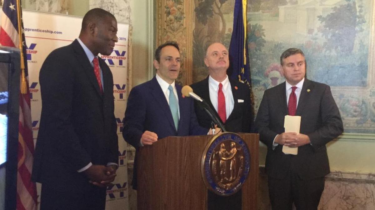 Gov. Matt Bevin announced a pilot project to find jobs for state inmates at a Capitol news conference on March 2, 2017, with, from right to left, Justice Secretary John Tilley, state Sen. John Schickel and Labor Secretary Derrick Ramsey.