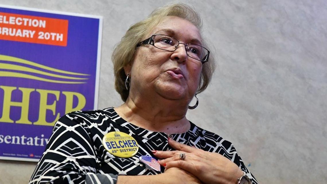 Democratic candidate Linda Belcher thanks her supporters following her victory in the special election to fill the vacant seat for the Kentucky House of Representatives 49th District, Tuesday, Feb. 20, 2018, in Shepherdsville, Ky. Belcher defeated Republican Rebecca Johnson, who sought to fill the seat that was vacated by her husband Dan Johnson following his suicide in 2017.