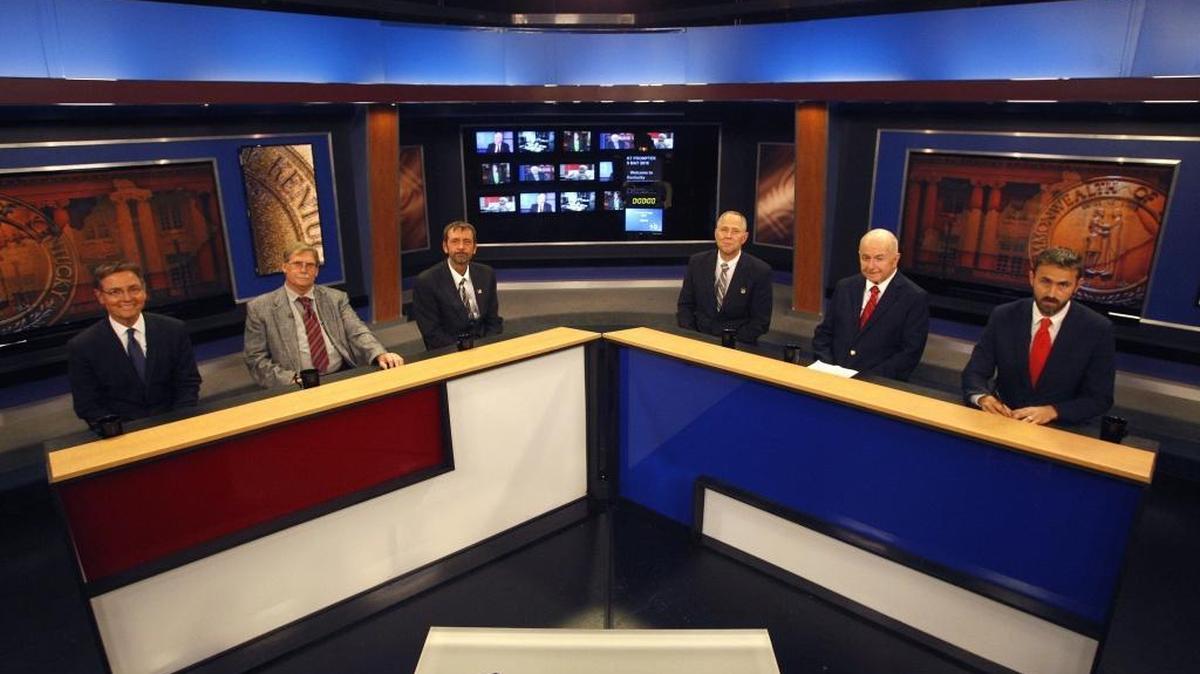 From left, Lexington Mayor Jim Gray, Rory Houlihan, Jeff Kender, Ron Leach, Tom Recktenwald and Sellus Wilder before a televised discussion with the Democratic candidates for U.S. Senate at KET studios in Lexington.