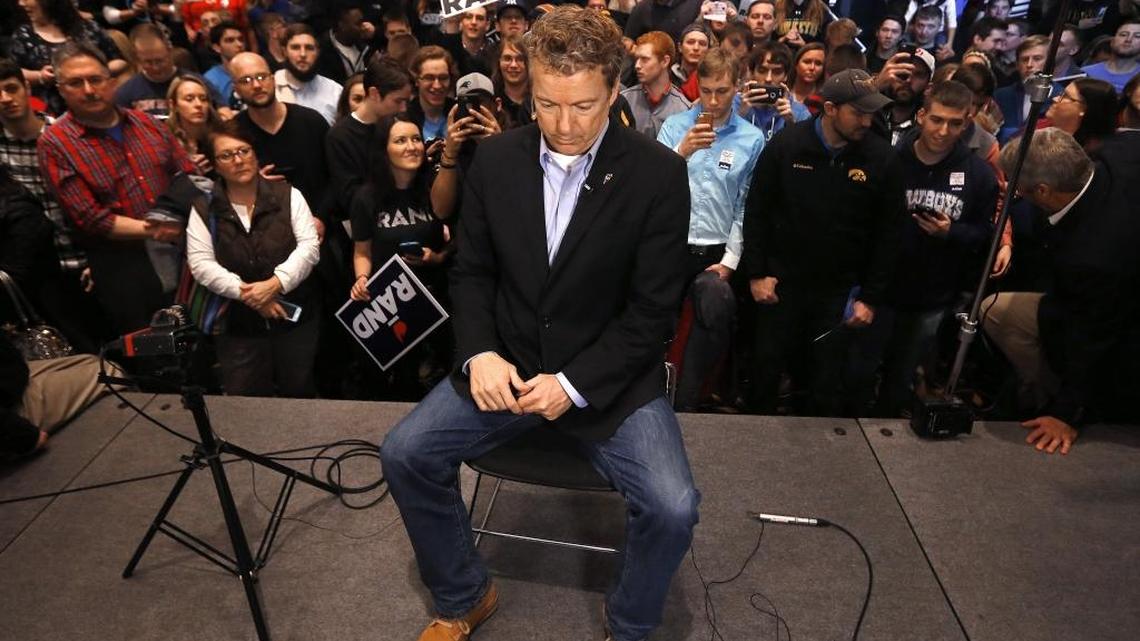 U.S. Sen. Rand Paul, R-Ky., waited to be interviewed during a presidential campaign event at the University of Iowa on Jan. 31. Paul quit the presidential race days later, leaving behind several hundred thousand dollars in bills that remain unpaid six months later.