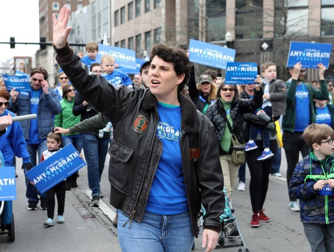 Amy McGrath, candidate for Congress, marched with supporters during Lexington’s St. Patrick's Day parade.