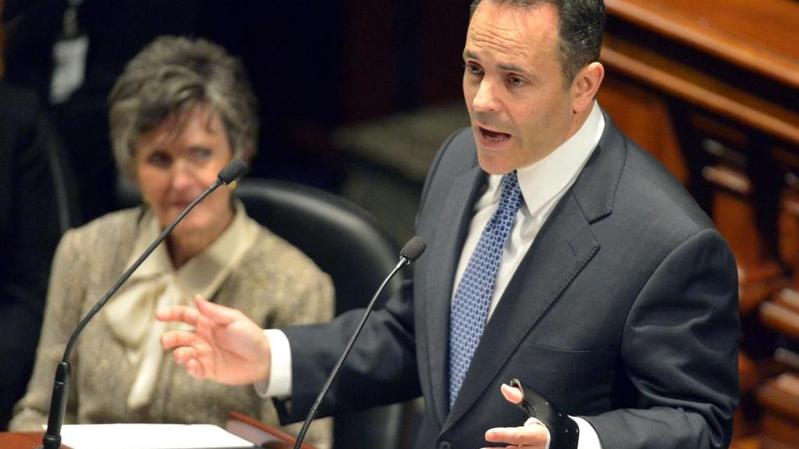 Republican Gov. Matt Bevin delivers his budget before a joint legislative session in the House Chambers at the Kentucky State Capitol, Tuesday, Jan. 26, 2016, in Frankfort, Ky. Bevin's first budget won't take effect until July 1, but the new governor is not waiting to slash government spending.