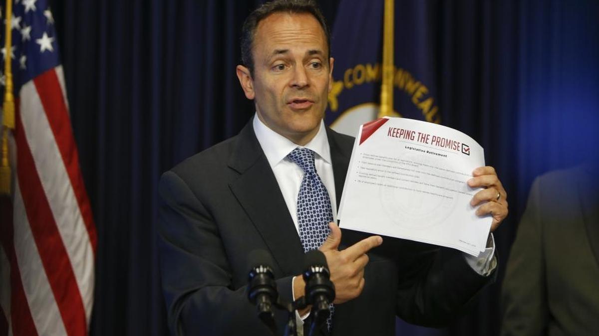Kentucky Governor Matt Bevin unveils his proposed solution for Kentucky’s ailing public pension systems during a press conference at the Kentucky Capital on Wednesday, October 18, 2017 in Frankfort, Ky.