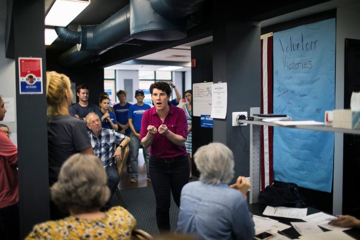 Amy McGrath thanked volunteers at her campaign headquarters Tuesday in Lexington.