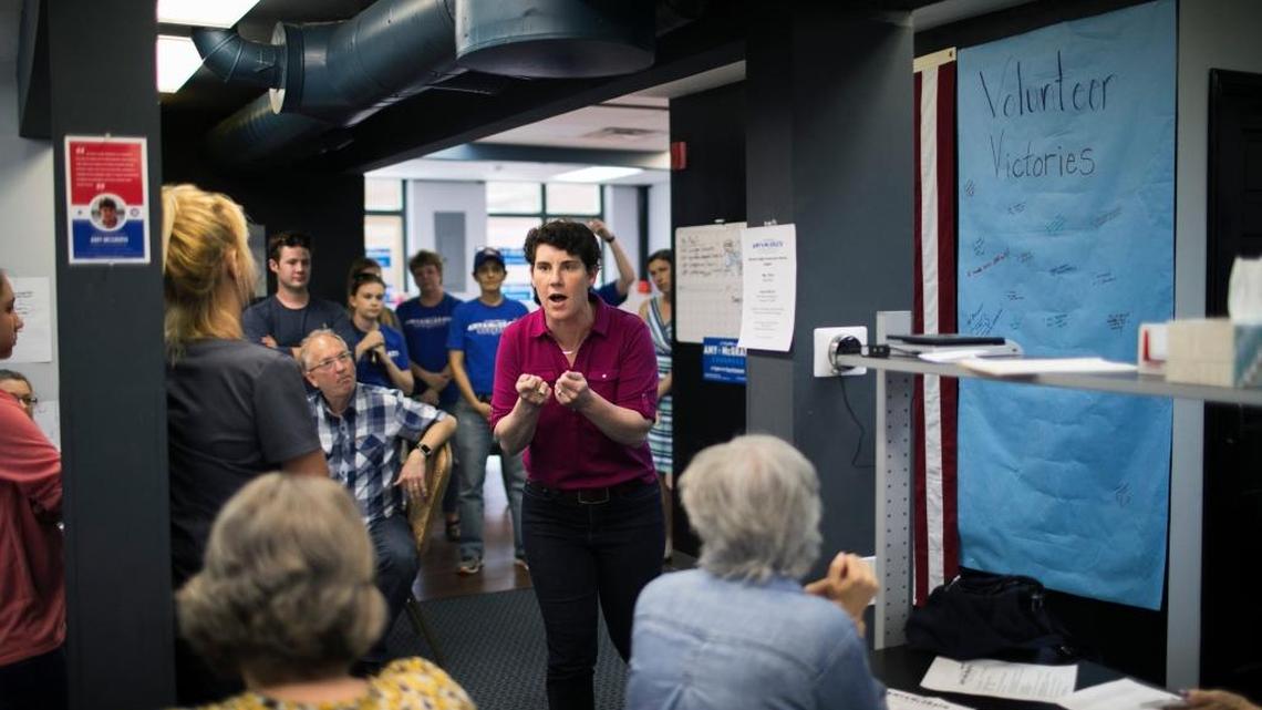 Amy McGrath thanked volunteers at her campaign headquarters Tuesday in Lexington.