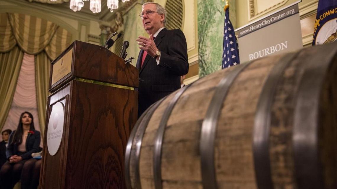Senate Majority leader Mitch McConnell delivers a speech at the Willard Hotel in Washington, DC, at a bourbon tasting hosted by the Henry Clay Center for Statesmanship in February.