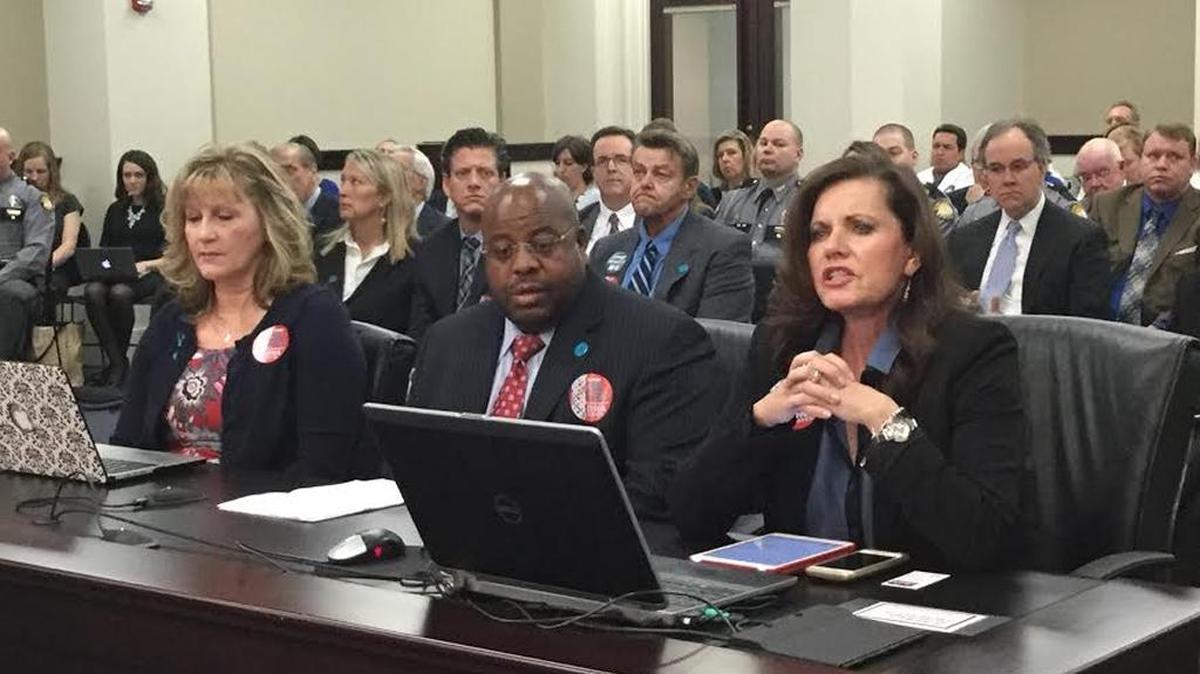 Speaking on Thursday for Senate Bill 150, which would expand DNA collection in Kentucky to people arrested for felonies, were (from left) Michelle Kuiper, a Louisville rape survivor; James Tillman, who served 18 years in prison for a Connecticut rape he did not commit; and Jayann Sepich, whose daughter was raped and murdered in New Mexico.
