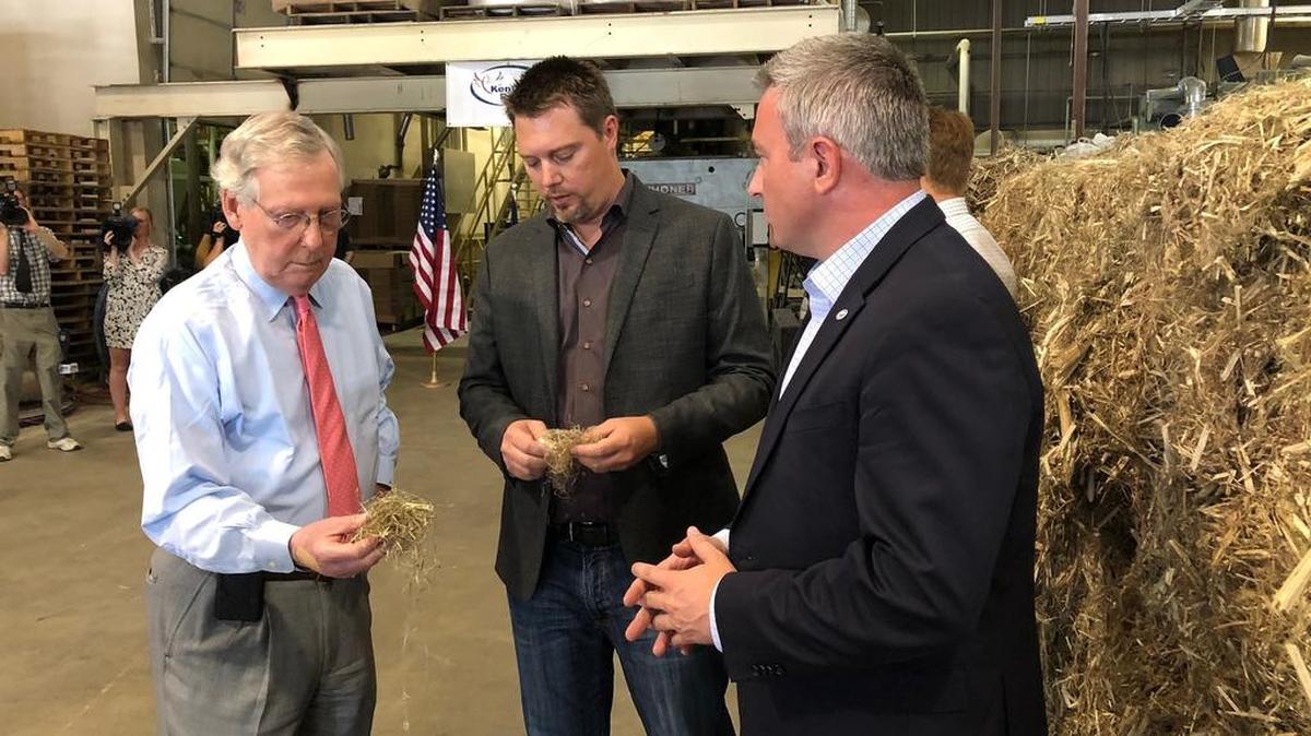 Senate Majority Leader Mitch McConnell, left, inspected a piece of hemp taken from a bale at a processing plant in Louisville on Thursday.
