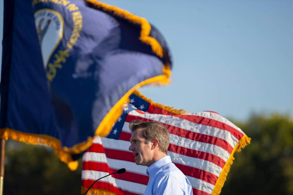 Kentucky Gov. Andy Beshear, who is running for reelection, speaks at a ribbon cutting ceremony celebrating the completion of a new section of U.S. Highway 641 between Murray and the Kentucky-Tennessee state line in Hazel, Ky., on Thursday, Oct. 12, 2023.