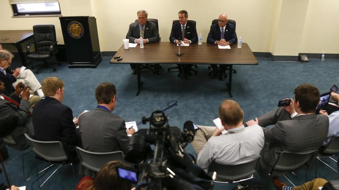 Senate President Robert Stivers, House Speaker Pro-Tempore David Osborne and Sen. Joe Bowen, R-Owensboro answer questions from the media during a press conference on Senate Bill 1, a bill addressing the state pension plan, at the Kentucky State Capitol Annex in Frankfort, Ky., on Wednesday, February 21, 2018.