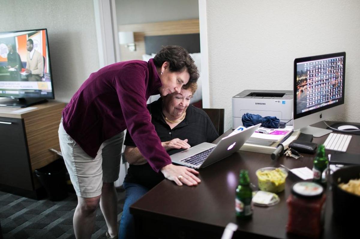 Amy McGrath and her mother, Marianne, looked over a draft of her speech on election night in Richmond.