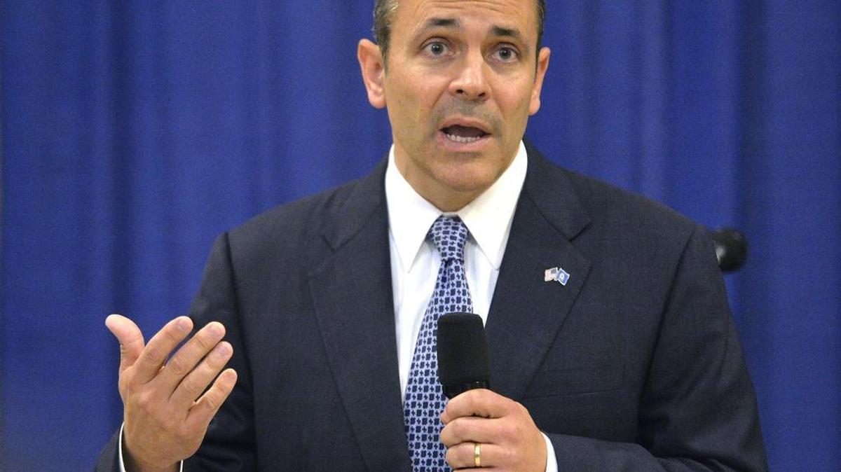 Kentucky Governor-elect Matt Bevin addresses reporters during a press conference held in the Kentucky State Capitol Rotunda, Friday, Nov. 6, 2015, in Frankfort, Ky.