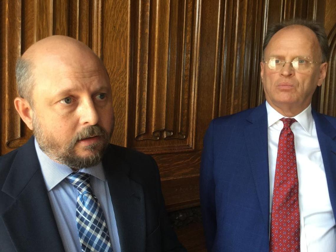 Craig Potts, left, executive director of Kentucky Heritage Council, and Steve Collins, chairman of Kentucky Historic Properties Advisory Commission, say the special panel set up Thursday, July 20, 2017, to come up with educational materials about the controversial Jefferson Davis statue in the Capitol Rotunda will not rush its work.