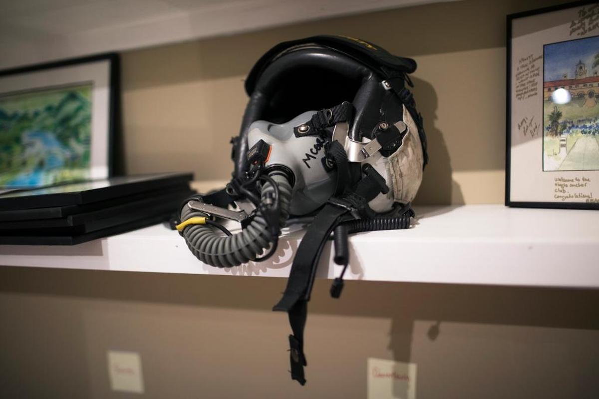 Amy McGrath’s fighter pilot helmet, kept at her campaign headquarters in Lexington.