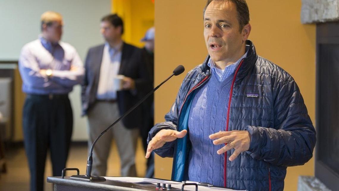 Kentucky Governor Matt Bevin speaks to the media about his first year in office at Zeggz Amazing Eggs in Louisville, Ky.