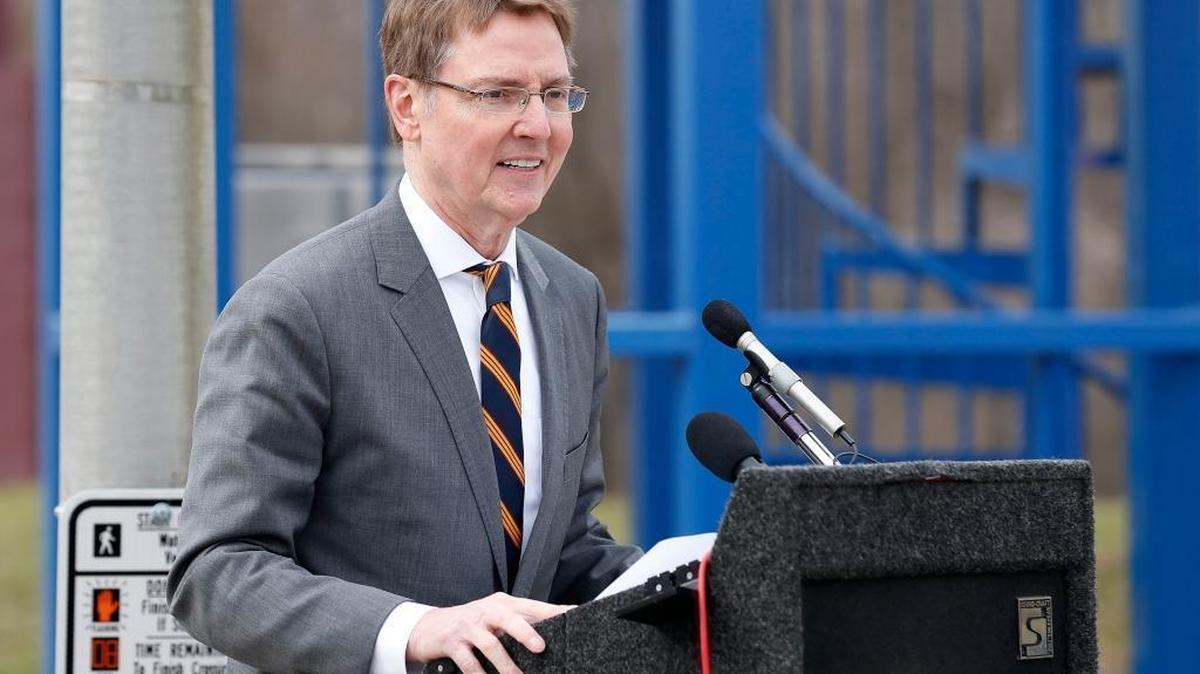 Lexington Mayor Jim Gray spoke during the news conference unveiling the new donated electric cars for Safety City, a partnership between Eastern Kentucky University and the Lexington Police Department that serves more than 2,000 local students each school year.