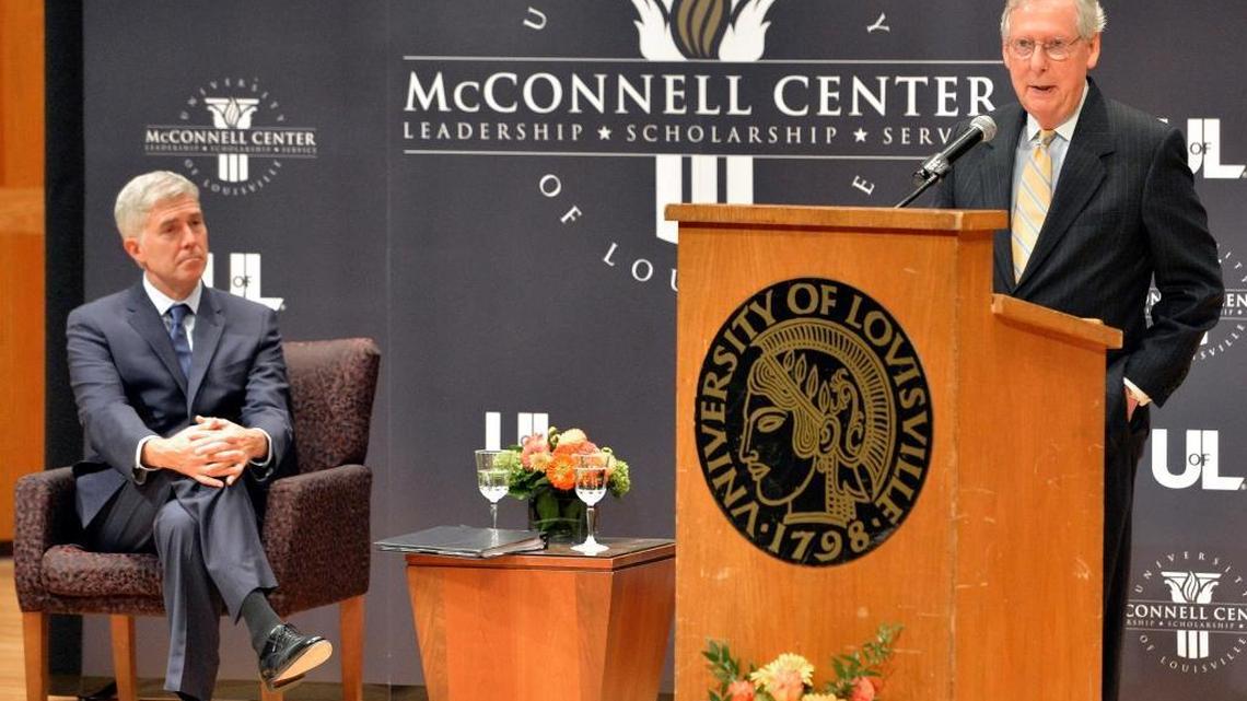 U.S. Senate Majority Leader Mitch McConnell, R-Ky., introduced Supreme Court Justice Neil Gorsuch, who spoke Thursday at the University of Louisville.