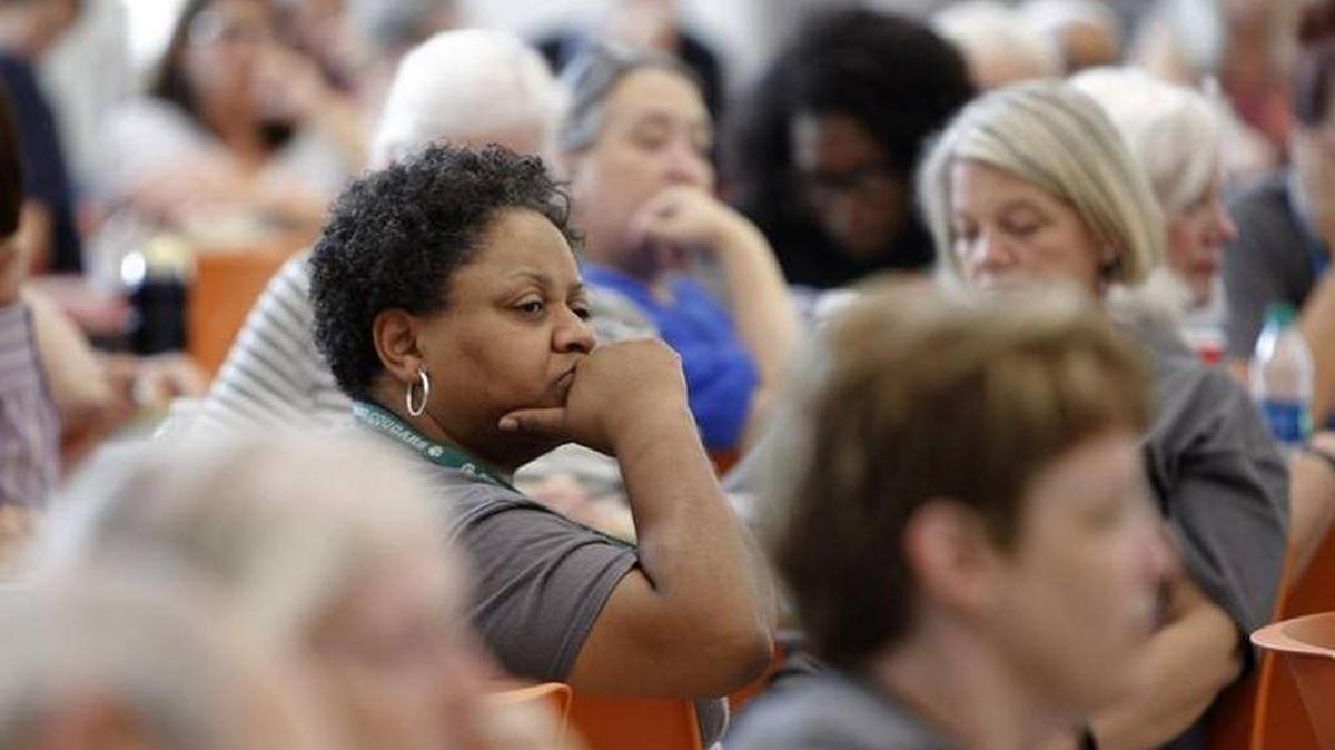 School teachers attended a public meeting about the state pension crisis in September at Frederick Douglass High School in Lexington.