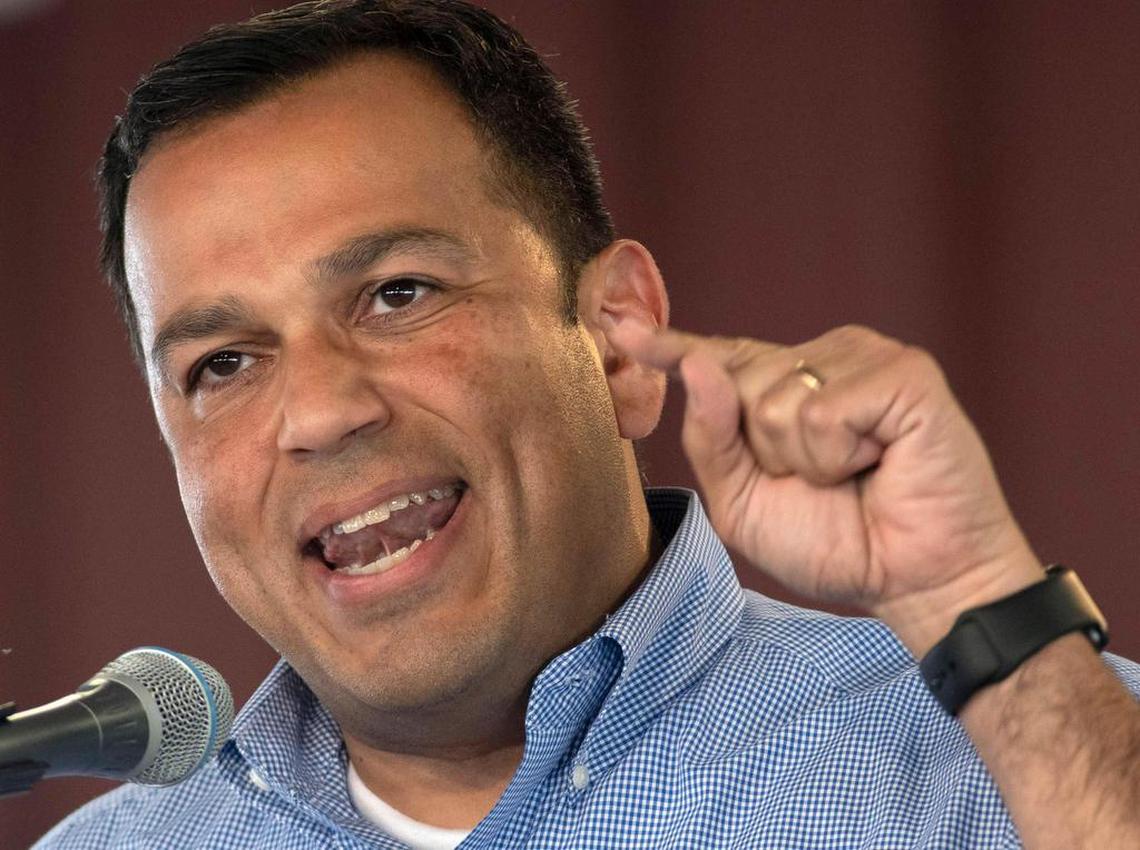 State Sen. Ralph Alvarado, the running mate for lieutenant governor Kentucky Gov. Matt Bevin, delivers his political speech Saturday, August 3, 2019, during the St. Jerome Parish Picnic in Fancy Farm. Ky.