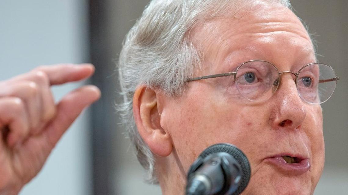 U.S. Senate Majority Leader Mitch McConnell speaks to local Republicans at the annual Graves County GOP breakfast in Mayfield, Ky., before the annual Fancy Farm picnic.