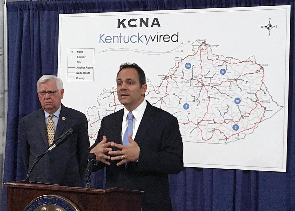 U.S. Rep. Hal Rogers, left, and Gov. Matt Bevin spoke at a news conference about the state broadband project called KentuckyWired.