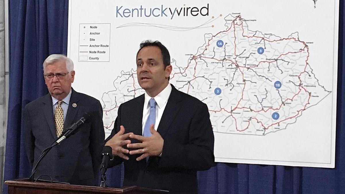 U.S. Rep. Hal Rogers, left, and Gov. Matt Bevin spoke at a news conference about the state broadband project called KentuckyWired.