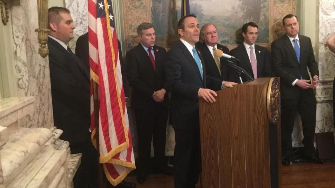 Gov. Matt Bevin, flanked by legislators and members of his cabinet, spoke about Senate Bill 120 on Tuesday, Feb. 14, 2017, at a news conference in Frankfort.