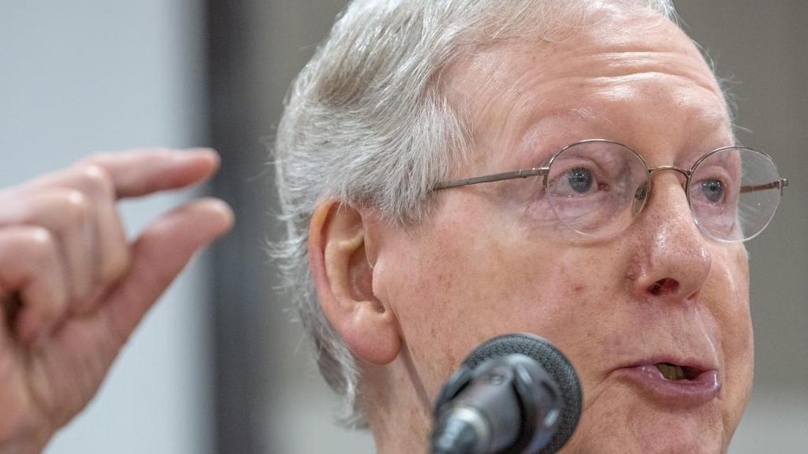 U.S. Senate Majority Leader Mitch McConnell speaks to local Republicans at the annual Graves County GOP breakfast in Mayfield, Ky., before the annual Fancy Farm picnic August 5, 2017.