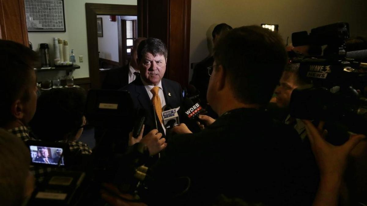 House Speaker Greg Stumbo, D-Prestonsburg spoke to reporters on the last day of the legislative session at the Capitol in Frankfort, Ky, on April 15, 2016.