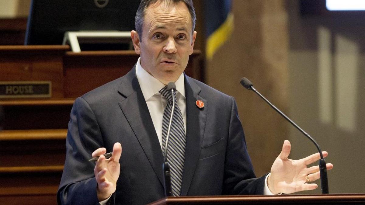 Kentucky Governor Matt Bevin speaks during a joint session of the General Assembly in his State of the Commonwealth and Budget Address at the Kentucky State Capitol in Frankfort, Ky., on Tuesday, January 16, 2018.