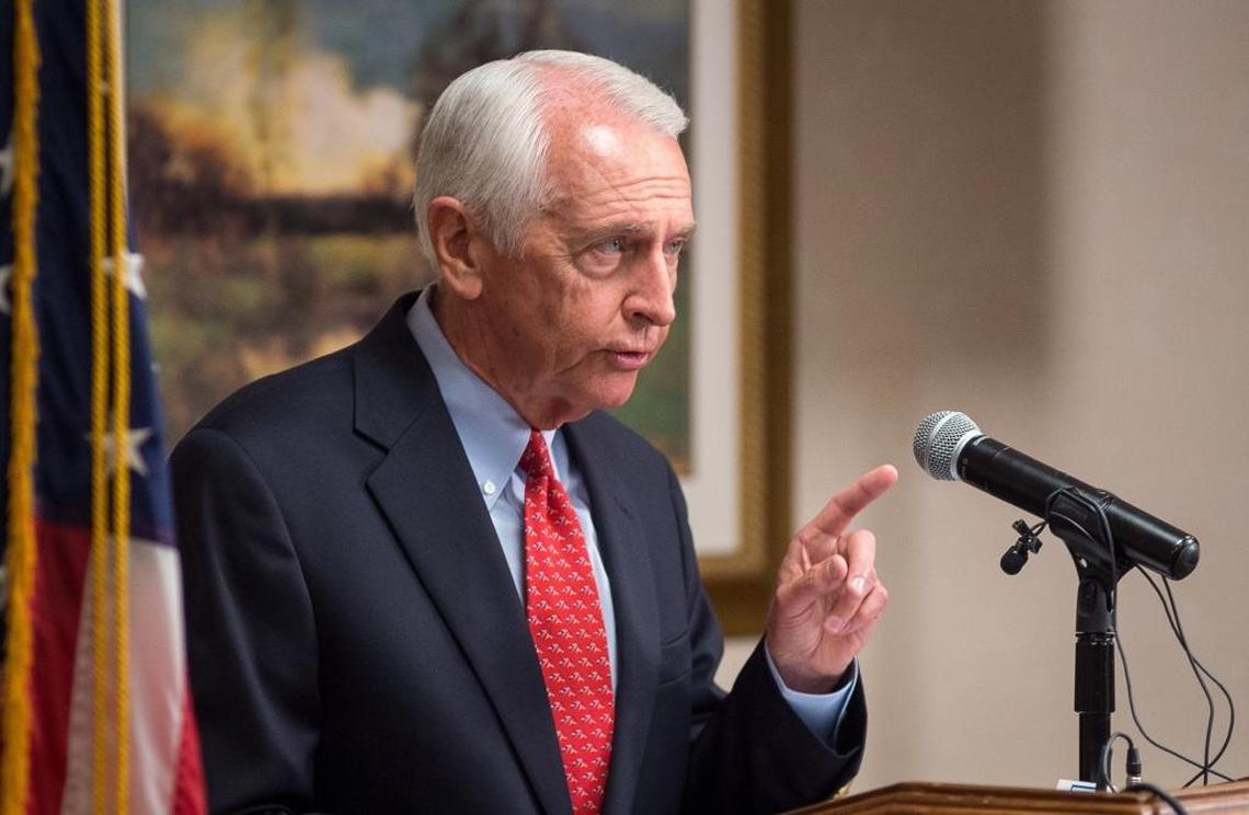 Former Gov. Steve Beshear speaks to the media during a press conference held at the Capital Plaza Hotel in Frankfort, on April 27, addressing Gov. Matt Bevin’s claim of corruption with Beshear’s administration.