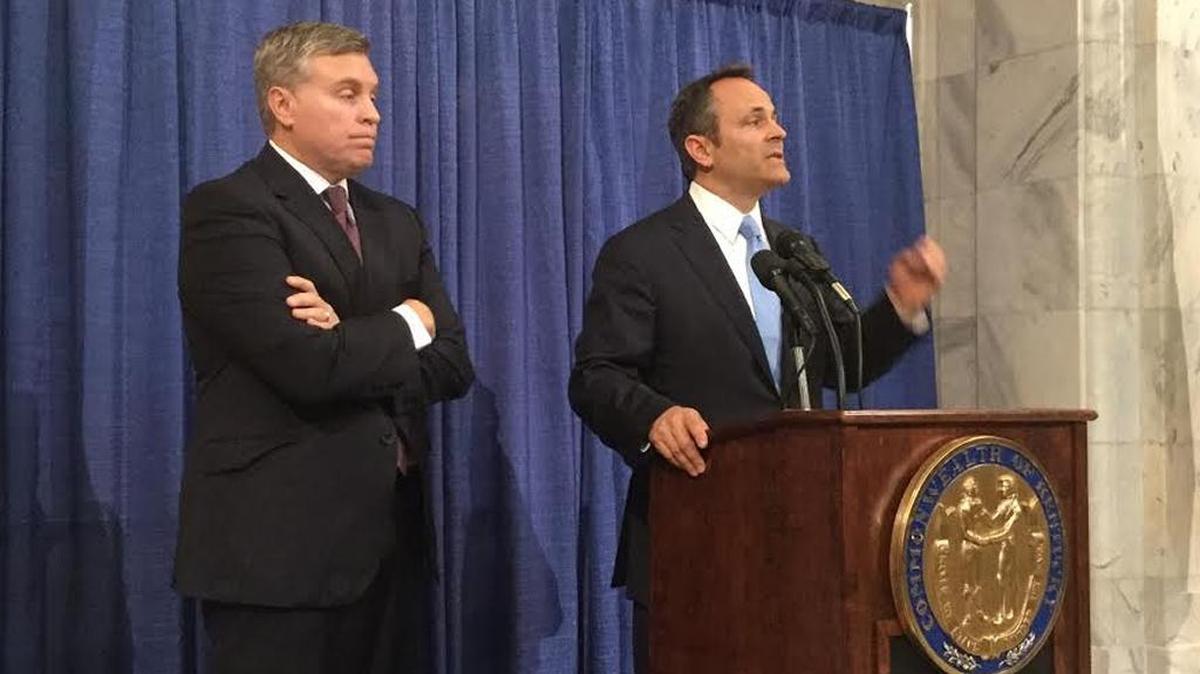 Justice and Public Safety Secretary John Tilley, left, and Gov. Matt Bevin on Tuesday announced the creation of the Criminal Justice Policy Assessment Council.