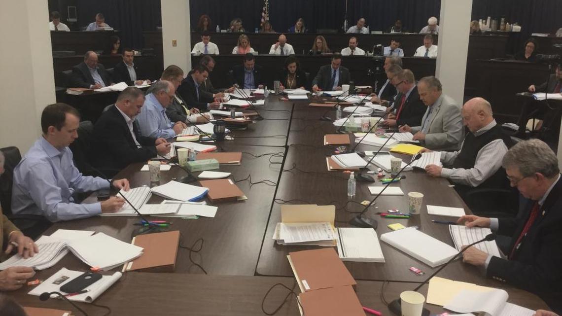 Leaders of the Kentucky House and Senate began negotiating a compromise state budget bill on Friday, March 23, 2018, in the Capitol Annex in Frankfort, Ky. The group is dominated by Republicans and includes only white men.