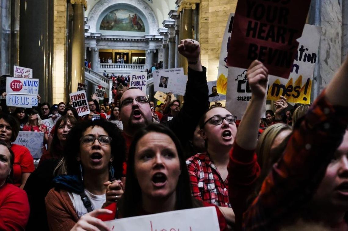 Teachers and others supporters fill the Capitol before budget votes in the House and Senate after a march from the Kentucky Education Association headquarters in Frankfort, Ky. on Monday, April 2, 2018.