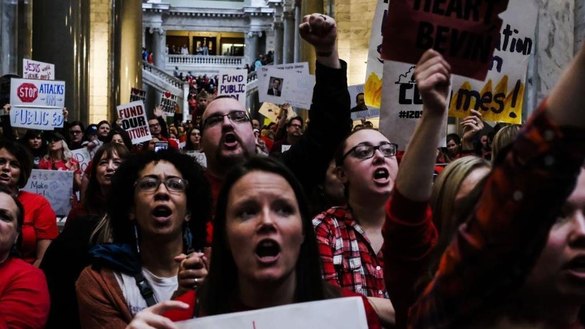 Teachers and others supporters fill the Capitol before budget votes in the House and Senate after a march from the Kentucky Education Association headquarters in Frankfort, Ky. on Monday, April 2, 2018.