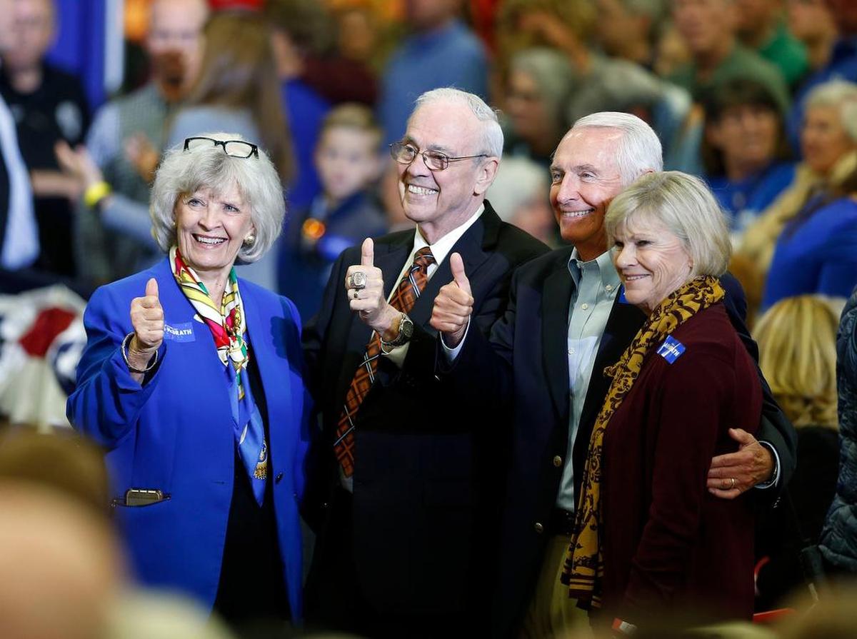 Former Kentucky governors L-R: Martha Layne Collins, Paul Patton, Steve Beshear with his wife Jane, posed for a photo before Former Vice President Joe Biden appeared with 6th Congressional District Democratic candidate Amy McGrath Friday afternoon at a fish fry held in the Bath County High School gymnasium in Owingsville, Ky. Biden was campaigning for McGrath, who is running against Republican incumbent U.S. Rep. Andy Barr.