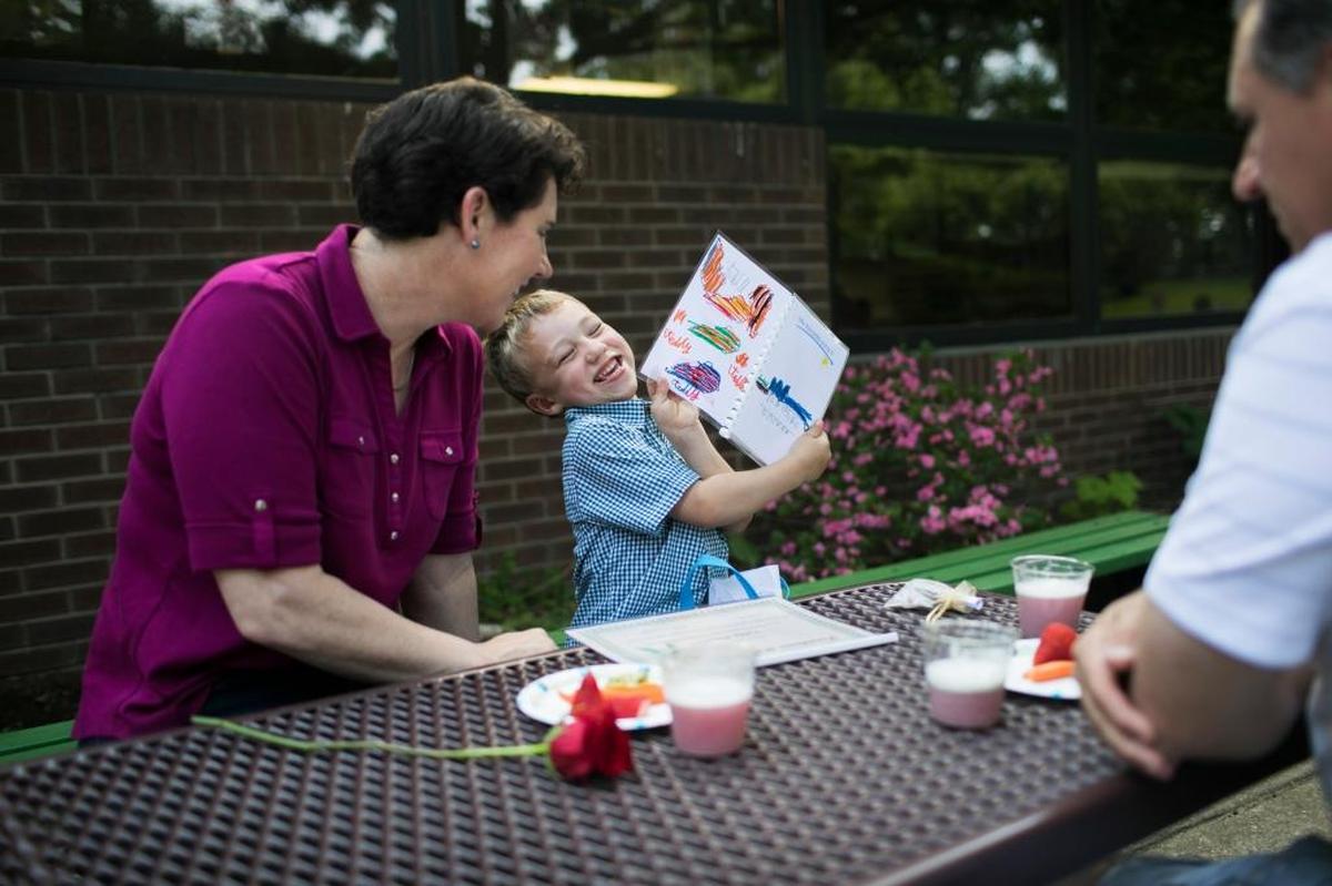 Amy McGrath with her son Theodore at his kindergarten graduation ceremony Monday in Lexington.