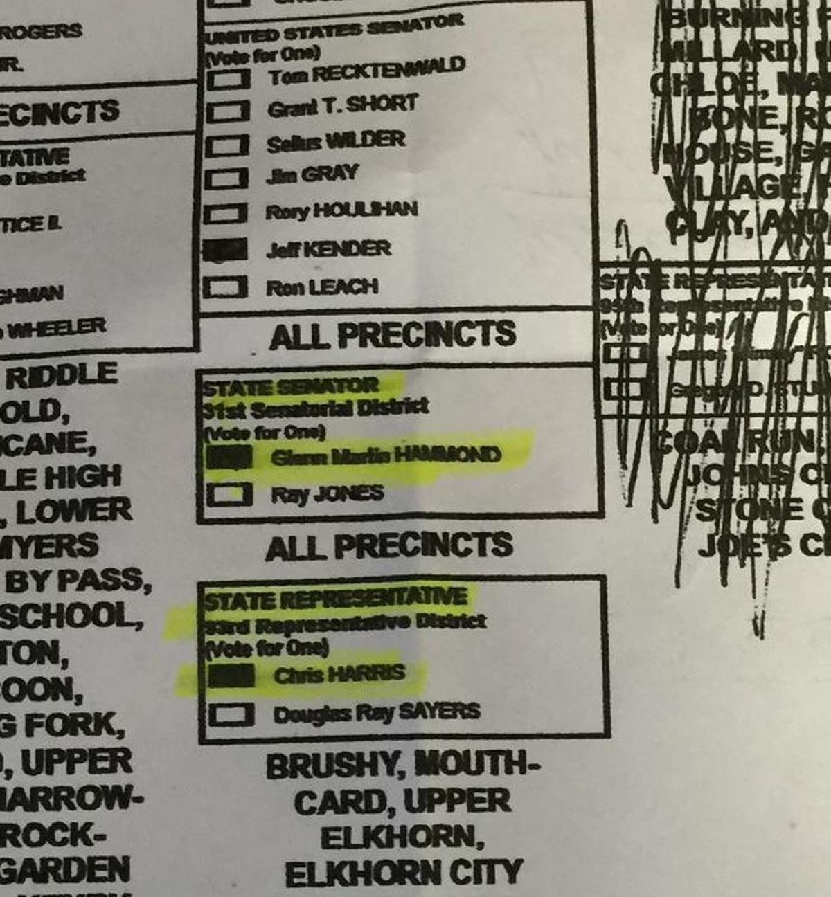 One of the marked sample ballots from the Phelps voting precinct collected by private detective Keith Justice during the May 2016 Democratic primary in Pike County. Voters arrived with the sample ballots already marked to indicate the candidates they supported, in this instance, Glenn Hammond, the opponent of Justice’s employer that day, state Sen. Ray Jones, D-Pikeville.