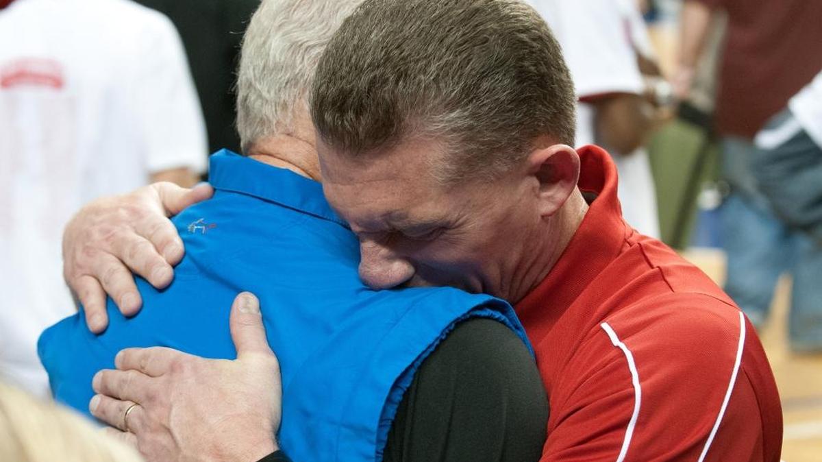 Allen Feldhaus Jr., coach of Madison Central, embraced his father, Allen Feldhaus Sr., after Madison Central defeated Ballard 65-64 on Ken-Jah Bosley’s three-pointer in the 2013 Boys’ Sweet 16 finals in Rupp Arena. On Wednesday, Feldhaus Jr. will coach Madison Central in Rupp for the first time since the 2013 state title game when the Indians again face Ballard in the state tournament. However, Feldhaus Sr. will not be there to see it. The elder Feldhaus, who coached Mason County to four Sweet 16 trips, died in 2017. “It will be (weird) not having him there,” Feldhaus Jr. said.