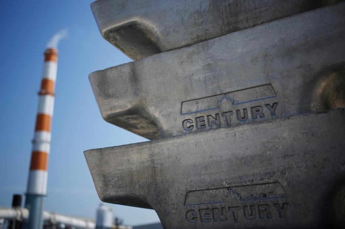 Aluminum ingots, or sows, are stacked on the grounds of Century Aluminum's Hawesville plant.