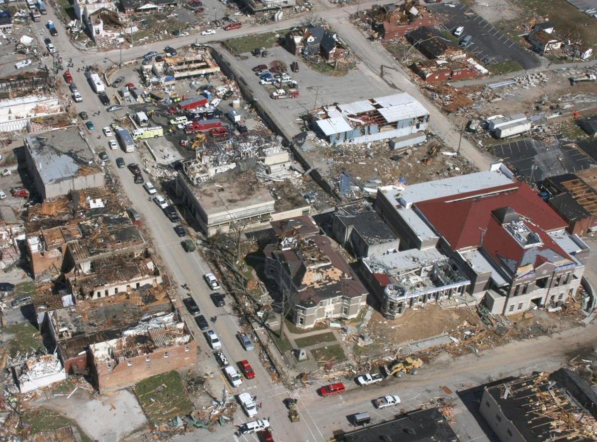 Photo taken March 3, 2012, showing damage from the tornado that hit downtown West Liberty the day before.