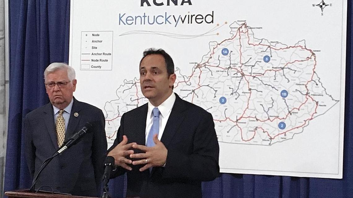 This Sept. 16, 2016 file photo shows Republican Kentucky Gov. Matt Bevin, right, and U.S. Rep. Hal Rogers discussing the status of the statewide broadband network at the state Capitol in Frankfort, Ky.