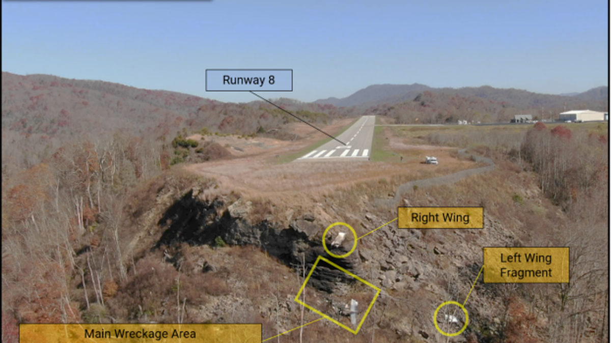 A drone photo shows the aircraft wreckage and the final approach to Tucker Guthrie Memorial Airport’s runway eight.