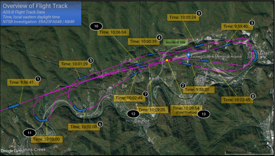 Flight tracking data shows the three approaches to Tucker-Guthrie Memorial Aiport which the Beechcraft A36 Bonanza made on the day of the crash.
