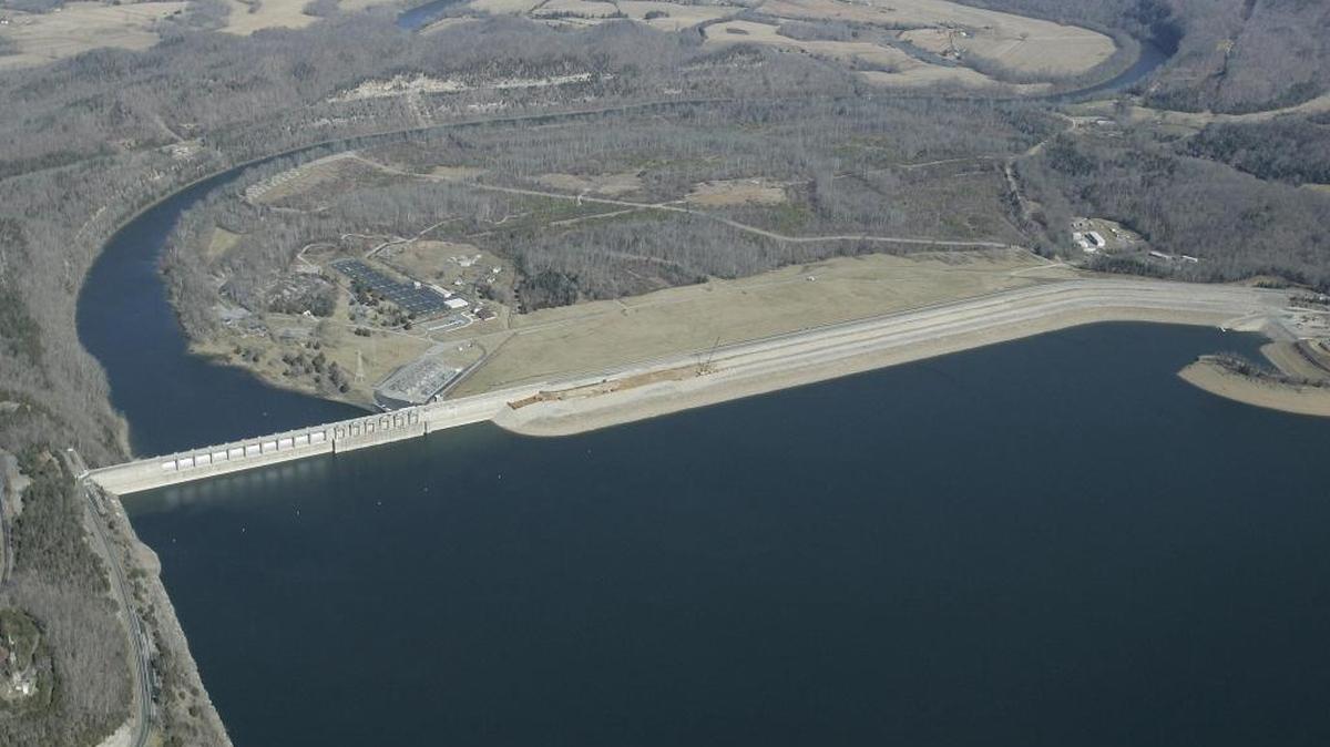 Aerial view of the Wolf Creek Dam on Lake Cumberland in Russell County.