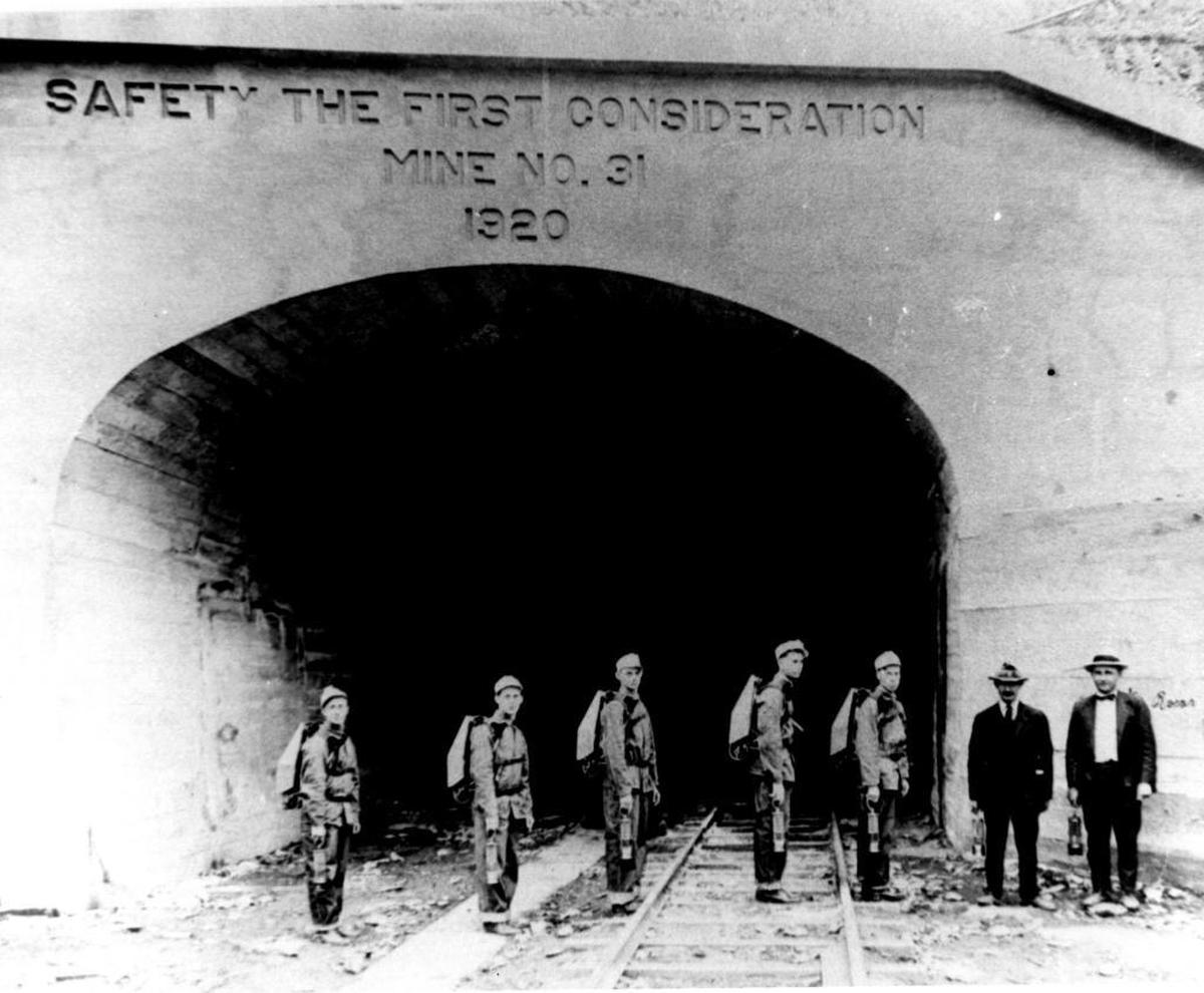 Miners outside the portal of U.S. Steel Mine No. 31, which was in the heart of Lynch. The company built the town beginning in 1917 to get coal needed for manufacturing operations. Today, Mine. No. 31 is the site of an exhibition coal mine that visitors can tour.