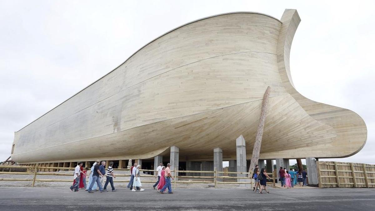 People walked to enter the ark on opening day of Ark Encounter in Williamstown on July 07, 2016. The theme park features a Noah's Ark, built according to the dimensions given in the Bible: 510 feet long, 85 feet wide, and 51 feet high.