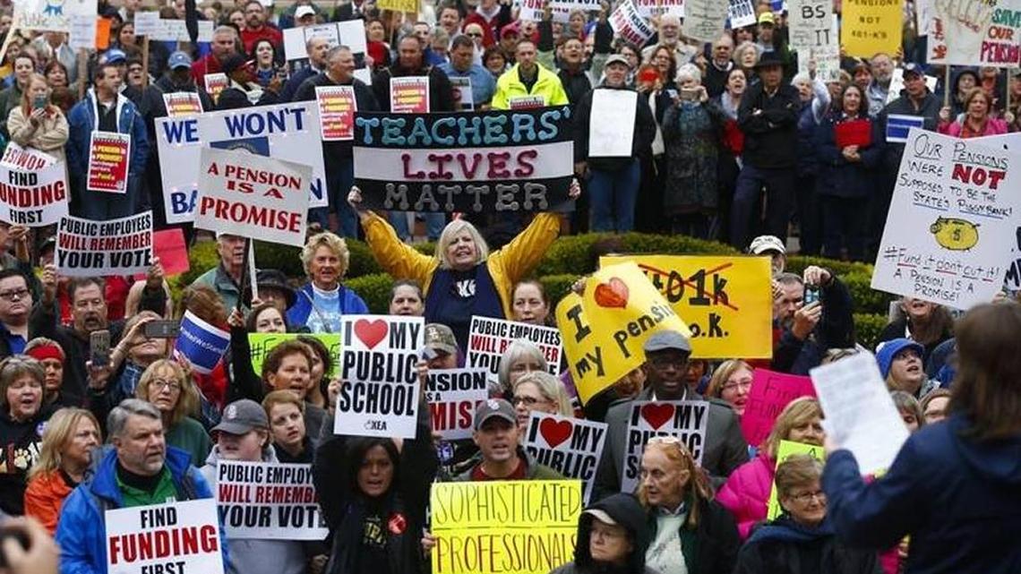Demonstrators rallied Nov. 1 outside the Capitol against an earlier Republican proposal to reform the state’s pension system.