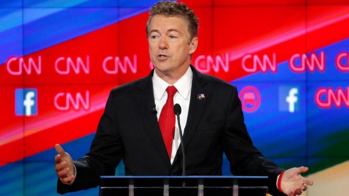 Rand Paul cautioned against the rush to war during the CNN Republican presidential debate in Las Vegas on Tuesday.