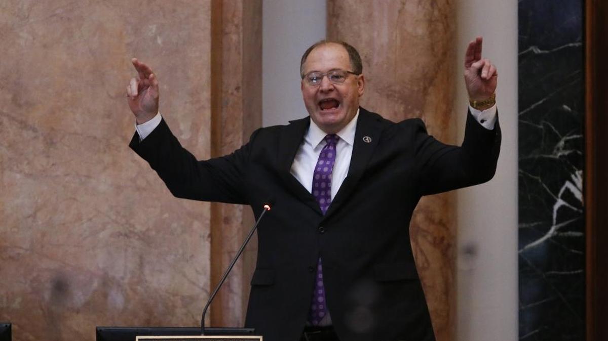 Rep. Jeff Hoover, R-Russell, resigns from his role as Speaker of the House in a floor speech Monday.